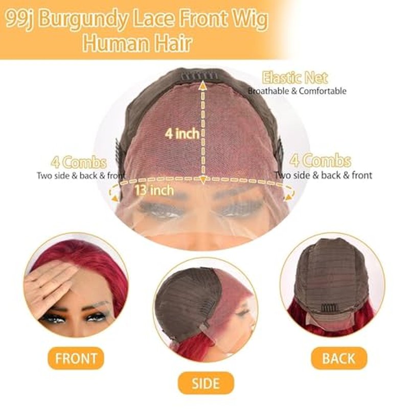 99j Burgundy Deep Wave Lace Front Wig Human Hair 13x4 200% Density Transparent Lace Frontal Wig Curly Wigs for Women Red Curly Wigs Pre Plucked with Baby Hair 99j Lace Front Wig (24inch)