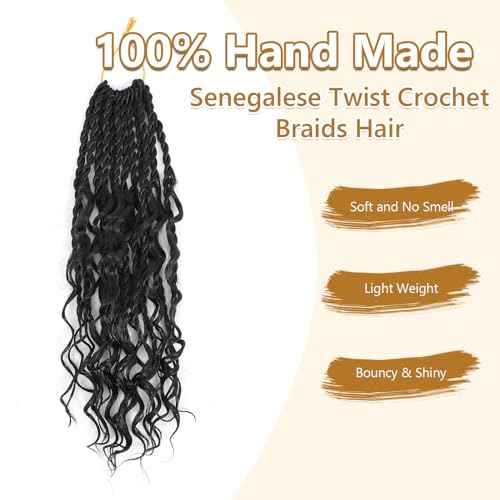 Senegalese Twist Crochet Hair For Black Women - 16 Inch Boho Island Twist Crochet Braids Hair Curly Ends 8 Packs Pre Looped Crochet Braiding Hair Extensions(1B)