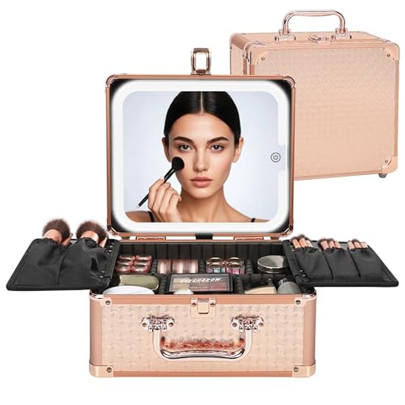 Relavel Makeup Bag with LED Mirror, Makeup Box Travel Train Case with Rechargeable Lighted Mirror, Cosmetic Brush Organizer Storage for Makeup Artists Gifts for Women and Girls, Rose Gold