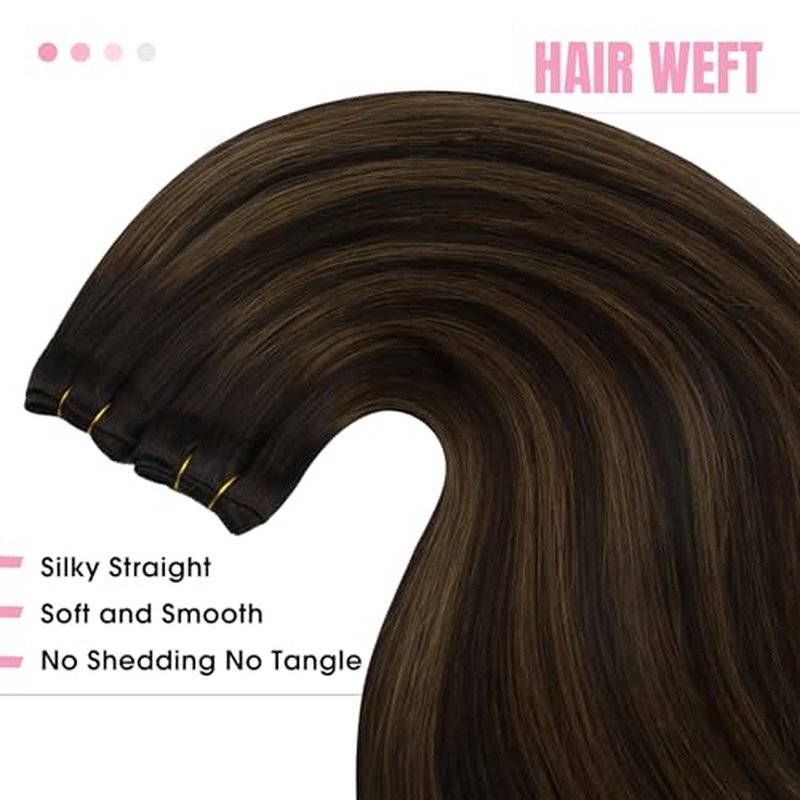 YoungSee 125g Weft Hair Extensions Brown Balayage Sew in Hair Extensions Balayage Medium Brown Mix Dark Sew in Hair Extension Real Human Hair for Women 22 Inch