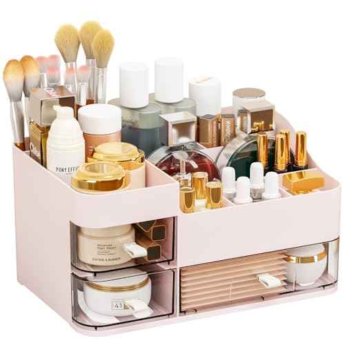 SuoXing Pink Makeup Organizer for Vanity,Large Plastic Skincare Organizers With Drawers,Bathroom Counter Organizer Cosmetic Storage for Dresser Top Skin Care,Lotion,Beauty Products and Brush Holder