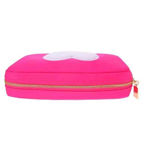BLOC Bags Travel Makeup Bag, Cosmetic Bags for Women, Medium Cute Toiletry Bag, Make up Bag, Beauty Bag with Chenille Patch and Top Zipper, Inside Zipper Pouch and Mesh Pockets (White Heart, Hot Pink)