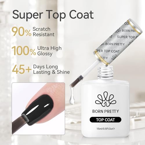 Born Pretty Gel Top Coat,15ml Gloss Base and Top Coat Set, No Wipe Super Top Gel Not Chip or Peel and Long Lasting Base Gel Top Gel for Nail Art