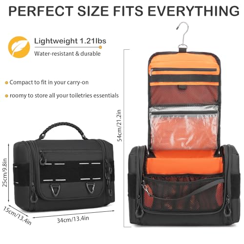 Toiletry Bag for Men - Tactical Hanging Toiletry Travel Bag Shower Bathroom Organizer for Cosmetics/Shaving/Traveling Toiletries Kit, Portable Case with Handle & Swivel Hook, Black