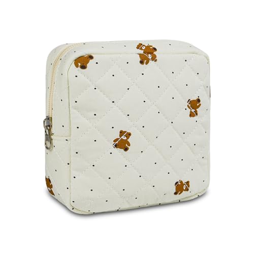 Small Floral Quilted Makeup Bag, Coquette Aesthetic Travel Toiletry Organizer for Women, Lightweight Cotton Cosmetic Pouch