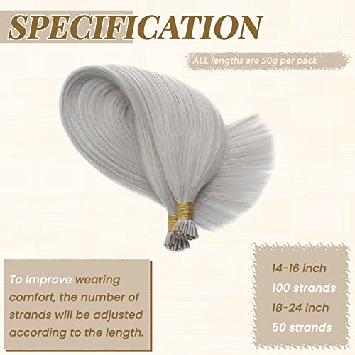 I Tip Hair Extensions Platinum Sliver Human Hair I Tip 100% Real Human Hair Extensions Sliver Silky Straight Extensions I Tips Human Hair Extensions for Women Invisible Cold Fusion Hair