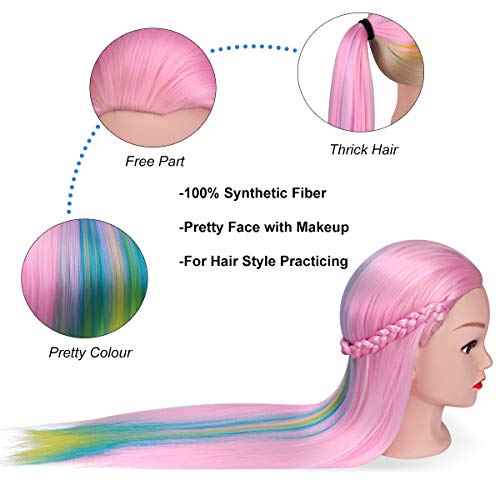 MYSWEETY 29 Inch Colorful Hair Mannequin Head Hairdressing Practice Training Doll Heads Cosmetology Hair Styling Mannequins Heads with Clamp + Practice Tools(PINK)