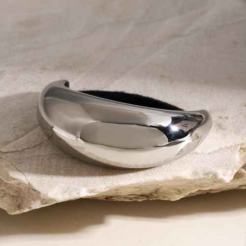 Stainless Steel Arch Hair Cuffs Hair Ties, 18K Gold Chunky Ponytail Cuff Hairties, Women Glossy Ponytail Holders Elastic Hair Bands,Geometric Gold and Silver Hair Accessories (Large Size Silver)