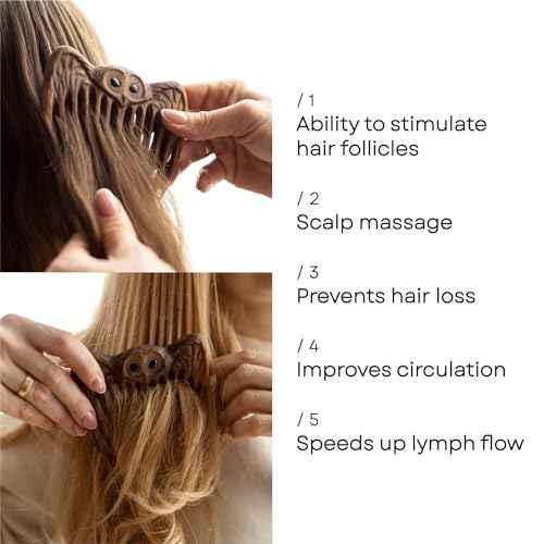 Handmade Wooden Hair Comb for Women Eco-Friendly Natural Wood Detangling Comb Gentle on Hair and Scalp Perfect for Thick Curly or Fine Hair Sustainable Beauty Hair Care Tool (Walnut Owl)