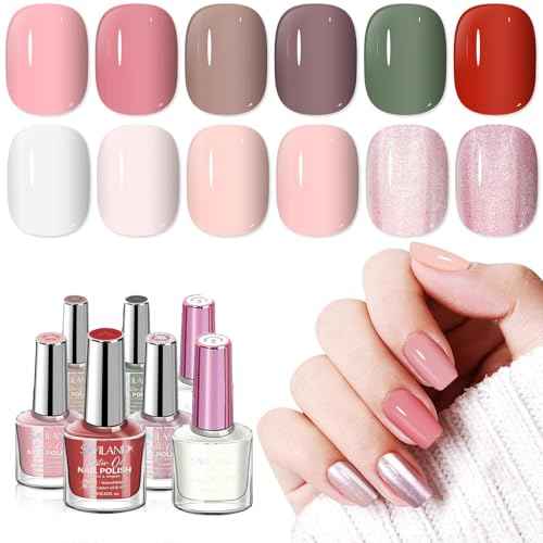 SAVILAND Nail Polish Set with Base Top Coat: Quick Dry 12 Classic Pink Nail Polish Non Gel Regular Nails Polish Kit with Castor Oil Toe Nail Lacquer Set for Women Nail Art 0.34 oz Fall Autumn