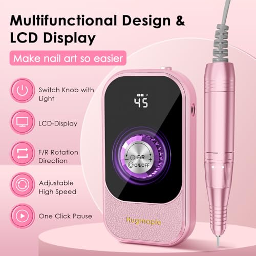 Professional Electric Nail Drill File, HUGMAPLE 45000RPM Portable E-File Machine with Bits & Base, Rechargeable Cordless Nail Drill Kit for Shaping, Removing & Polishing Gel Nails for Salon Home