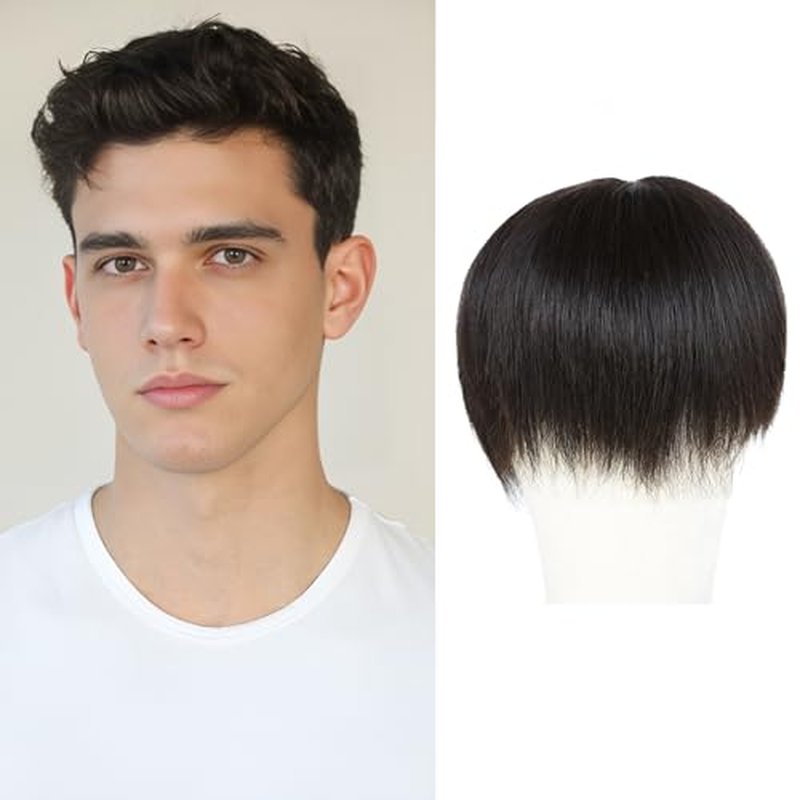 Untrimmed Hand Tied Lace/Slik Base Toupee with Biological Scalp Toupee Human Hair Extension Clip in Hairpieces Topper Top HairPiece for Men (5.9"*7.9", Slik Base Toupee, Natural Black)