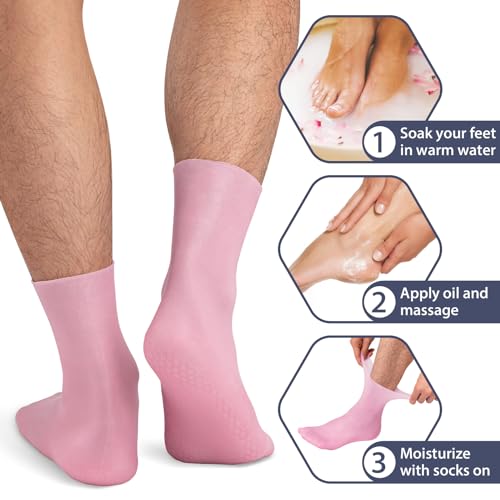 Noverlife 2 Pairs Moisturizing Silicone Socks, Reuseable Men's Pedicure Socks for Dry Cracked Rough Feet Skin, High Elastic & Anti Slip Moisturizer Spa Socks, Dry Heels Gel Socks - Pink & Tan