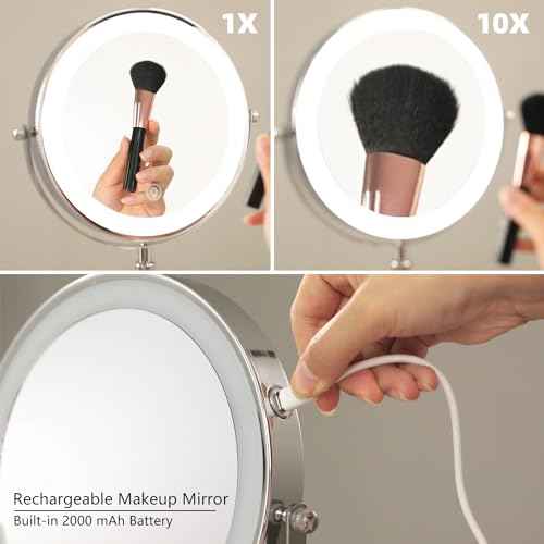 HIEEY Lighted Makeup Mirror with Magnification, 1x/10x Rechargeable 8" Lighted Mirror, 360¡Æ Rotation Touch Screen Vanity Mirror, Three Color Lighting Modes, Height Adjustable (Gift Box)
