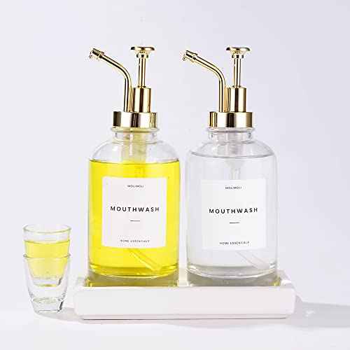 Molimoli Hand Bathroom Soap Dispenser Set, Glass Mouthwash Dispenser for Bathroom, Dish Soap Dispenser for Kitchen Sink, Soap Dispenser Pump, 500ml/16.9 Oz, Set of 2, Gold