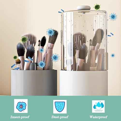 Makeup Brush Holder with Dustproof Cover, Clear 360 Rotating Make Up Brushes Organizer for Counter Vanity Bathroom, White