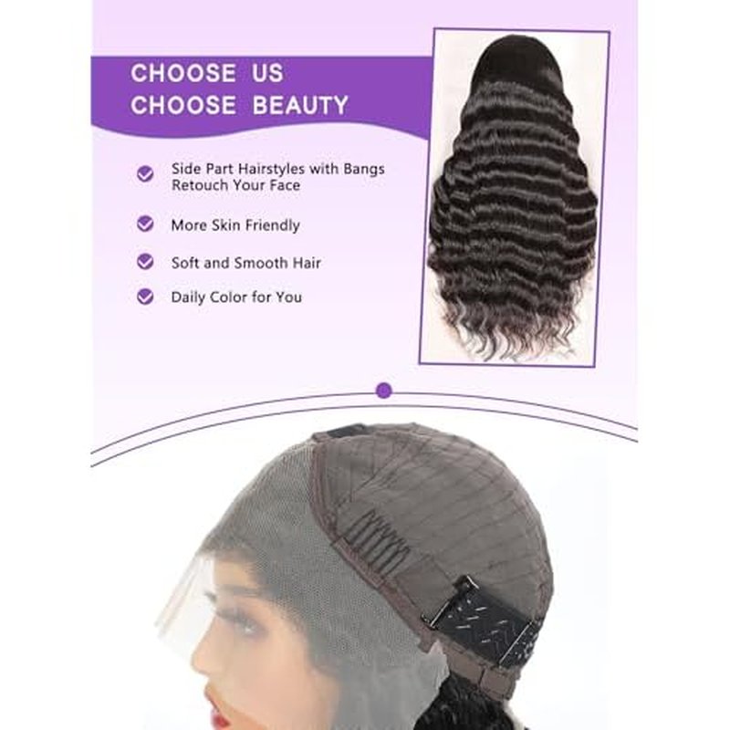 Deep Wave Lace Front Wig 13x6 Soft Remy Virgin Human Hair 180% Density HD Lace Frontal Wigs for Black Women Natural Color Pre Plucked Hairline