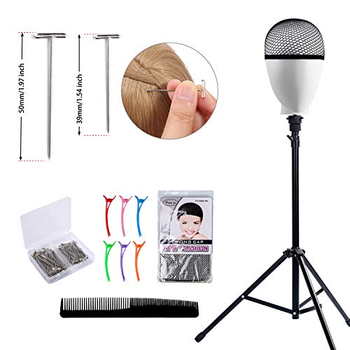 Klvied Reinforced Wig Stand Tripod Mannequin Head Stand, Adjustable Holder for Cosmetology Hairdressing Training with T-with Caps, T-Pins, Comb, Hair Clip, Carrying Bag