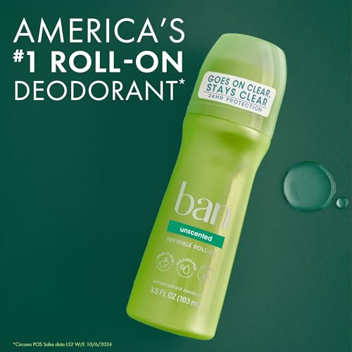 Ban Invisible Roll-on Antiperspirant Deodorant for Women and Men, 24-hour Underarm Odor & Sweat Protection, Unscented, 3.5 Oz, Pack of 2