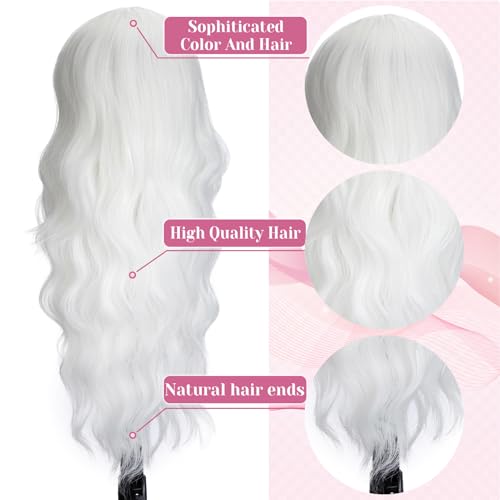 MYQUEEN White Wig for Women Long Wavy Wig 26 Inch Glueless Curly Synthetic Lace Front Wig Middle Part Natural Looking Heat Resistant Fiber Wig for Party Holloween Cosplay