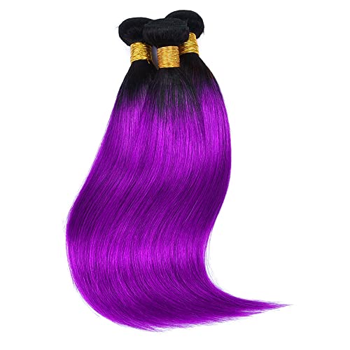 Ombre Purple Straight Bundles Black To Purple Human Hair 3 Bundles Brazilian 100% Unprocessed Virgin Extensions Double Weft Bundle 10 12 14 Inch
