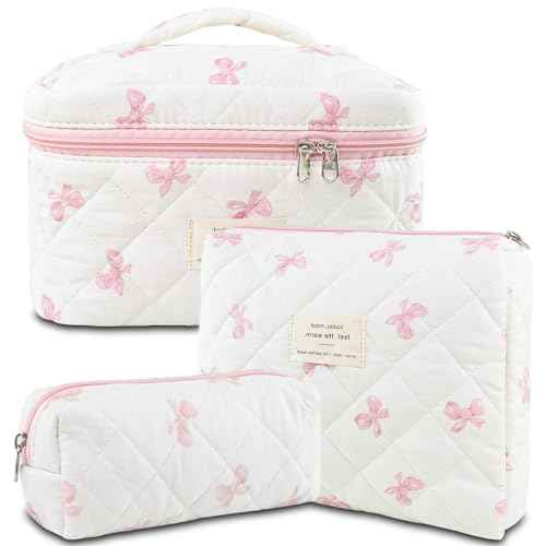 Makeup Bag, 3 PCS Quilted Makeup Bag, Cute Floral Cotton Cosmetic Bag set, Coquette Makeup Pouch Large Travel Toiletry Bag