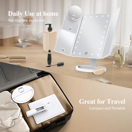 HUONUL Makeup Mirror Vanity Mirror with Lights, 2X, 3X, 10X Magnification, Touch Control, Trifold, White, 9.4" L x 13.4" W, Modern Style, Dresser Mount, Bathroom
