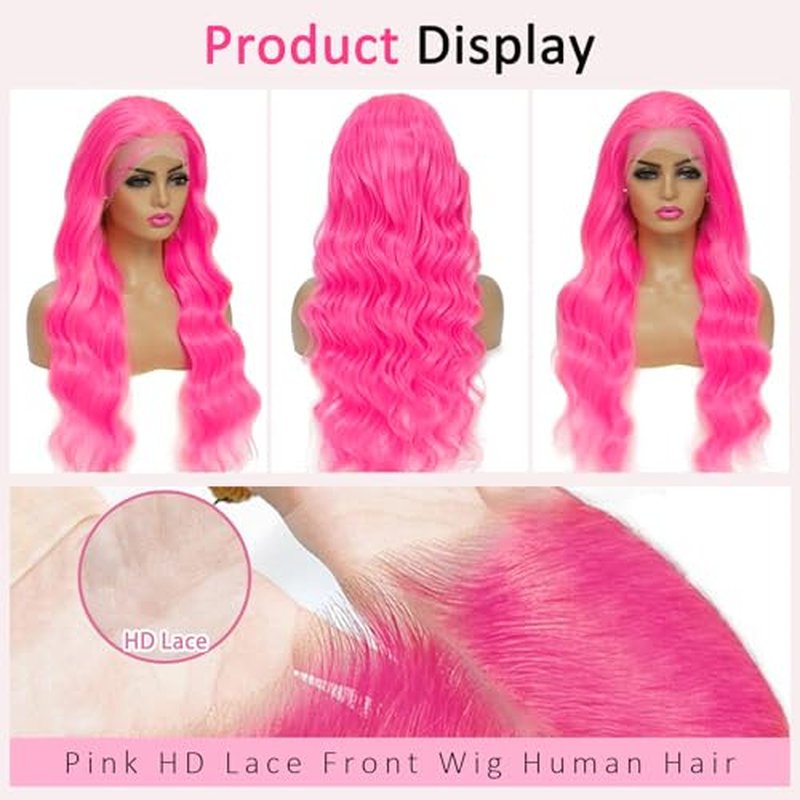Pink Lace Front Wig - Human Hair Body Wave, 13x4, Pre-Plucked, 200 Density HD Lace Frontal, 24 Inch