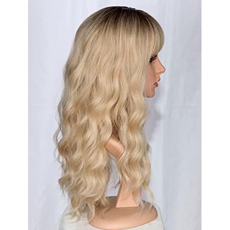 Medium Long Blonde Wavy Wigs For Women Synthetic Full Hair Wigs With Bangs For Daily Use (Blonde)