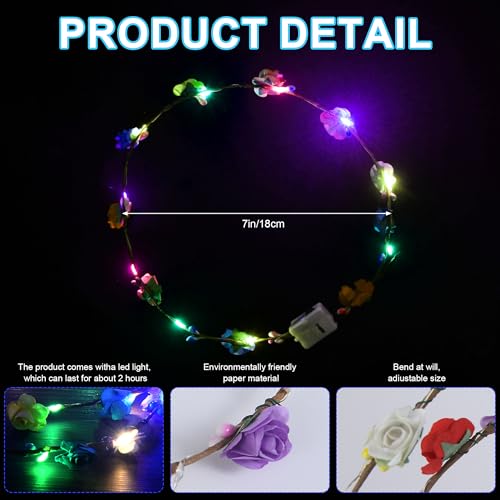 50 Pcs LED Flower Crown Headband,led headbands,Light Up Flower Headbands for Women,Garlands Glowing Floral Wreath Crowns For Weddings,Halloween,Birthdays,Role-Playing,Beach Parties£¬Christmas
