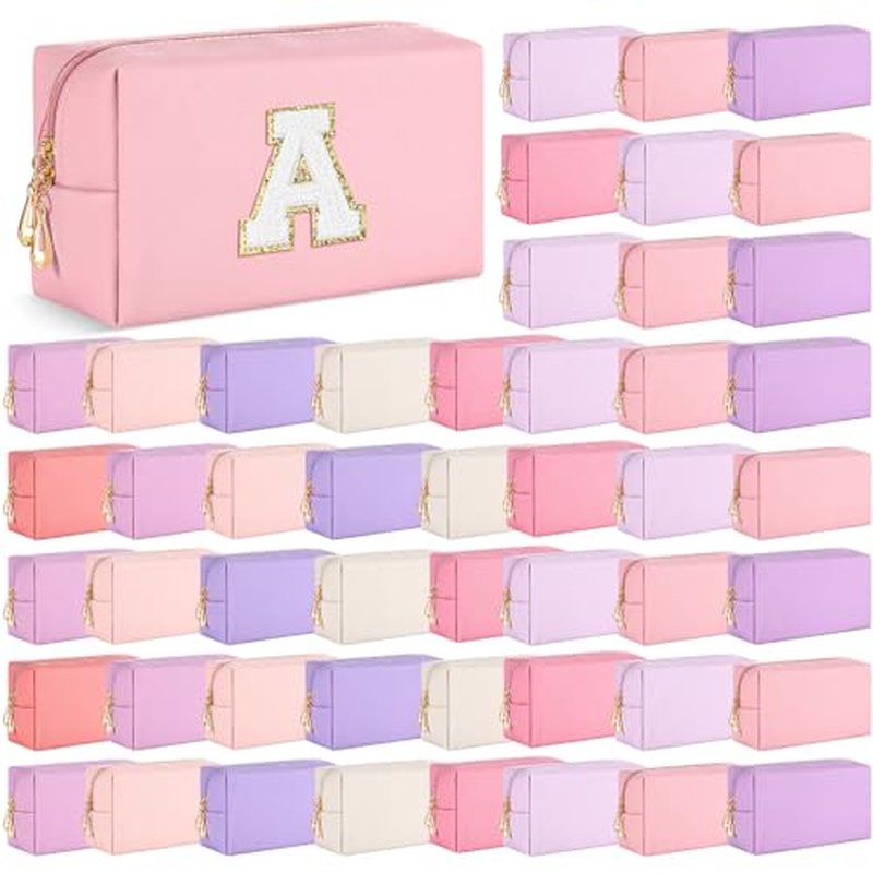 Cunno 50 Pcs Makeup Bag Bulk PU Leather DIY Cosmetic Plain Preppy Makeup Pouch Portable Waterproof Toiletry Bags for Women Travel Pencil Case Cosmetic Organizer (Pink Purple)