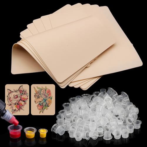 310Pcs Tattoo Practice Skins and Ink Caps Kit - Mixed 300Pcs Pigment Ink Cups #9 Small, #13 Medium, #16 Large and 10Pcs Tattoo Skin