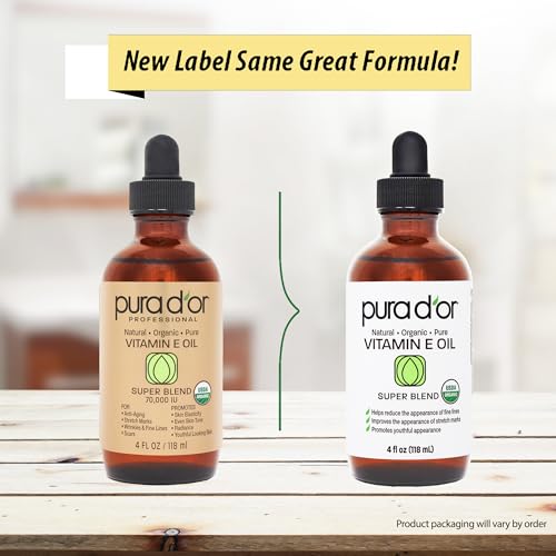 PURA D'OR 4 Oz Organic Vitamin E Oil ? USDA Certified Face, Body, Hair & Bath Oil with Argan, Jojoba, Rosehip, Apricot, Almond & Avocado ? Lightweight Moisturizing Blend for Soft, Smooth Skin