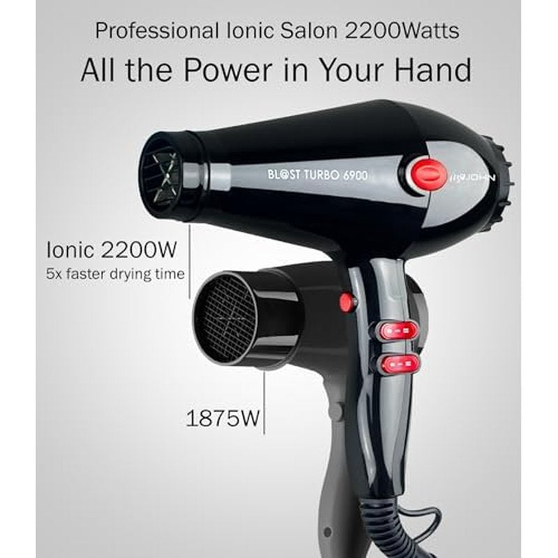 JOHN Super Fast Drying Hair Dryer, Ionic 2200W Professional Salon Blow Dryer, 2 Concentrator Nozzles, Blast Turbo 6900, Black