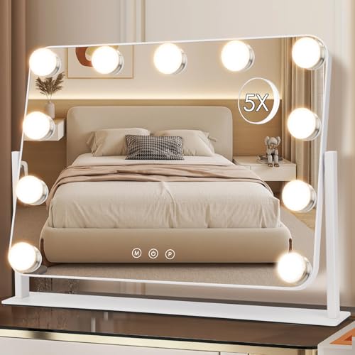 360¡Æ Vanity Mirror with Lights 11 Led Bulbs Hollywood Lighted Makeup Mirror with 5X Magnification Mirror Hollywood Cosmetic Mirror Tabletop Makeup Mirror with 3 Lighting Modes 16x13 Inch