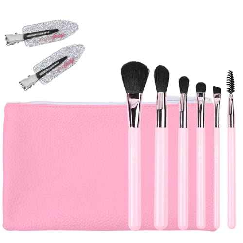 Petite N Pretty Essential Eyeshadow Brush Set with Duck Clips - Pink Makeup Bag, 6 Artist Brushes & Hair Accessories for Girls, Kids, Teens, and Tweens