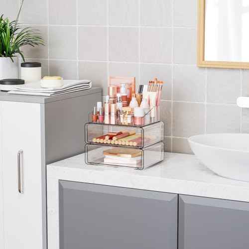 Yieach Clear Acrylic Makeup Organizer Countertop With Drawer,3 Tier Large Skincare Organizer for Vanity,Plastic Bathroom Cosmetic Storage Organizer for Lipstick,Makeup Brush,Palette,Beauty Products