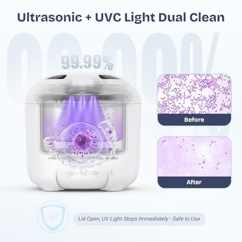 2025 Ultrasonic Retainer Cleaner- 45KHz 25W Portable Denture Cleaner with Drying Function and Removable Inner for Dentures, Mouth Guards, Aligners, Jewelry and More