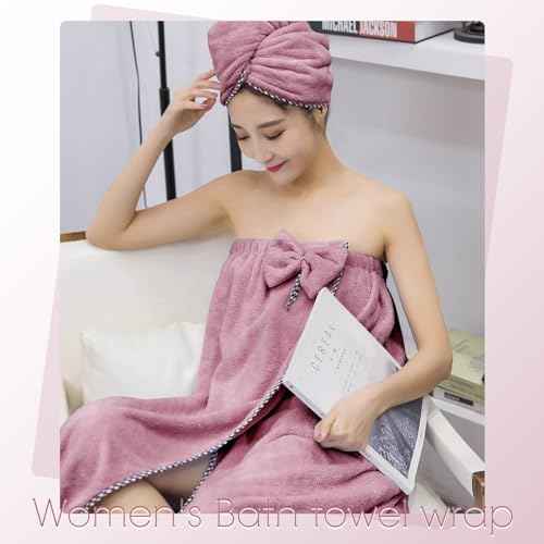 Women Microfiber Bath Towel Wrap - Adjustable Soft Body Wraps Dress with Hair Towel for Shower After Body and Head Cover, Super Absorbent to Quick Drying Hair and Body, Purple