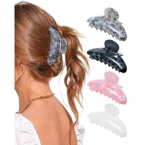 Lourny Acrylic Hair Clips for Women, 4.1 Inch Large Claw Clips for Hair Lightweight 4 PCS Non-Slip Cute Jaw Clips(Pink+White+Gray+Black)