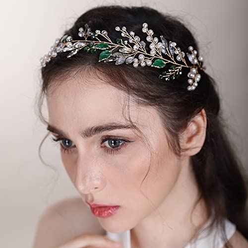 Bridal Cute Flowers Headband for Bride Bridesmaid Green leaf Crystal Hair Piece Beads Hair Vine