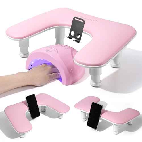 Arm Rest for Nails Tech: 3rd Generation Manicure Nail Arm Rest with Rotating Phone Stand, U-Shaped Height Adjustable Hand Rest Pillow for Acrylic Nails Pink