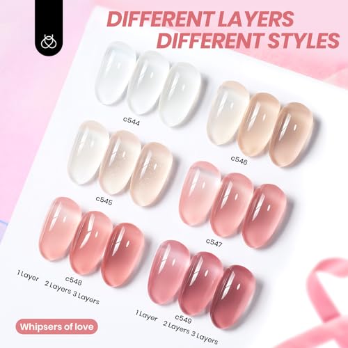 beetles Gel Polish Whispers of Love Jelly Gel Nail Polish Set - 6 Colors Milky White Nude Pink Neutral Sheer Translucent Soak Off UV Gel Nail Kit, Nail Concealer for Salon DIY Manicure Gift for Women