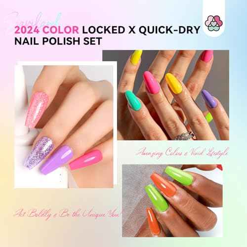 SAVILAND Quick-Dry Nail Polish Set - 20pcs Neon Rainbow Brights, Fingernail Polish Non-Gel Summer Colors with Castor Oil Infused Base & Glossy/Matte Top Nail Coats for Salon & Home Manicures DIY