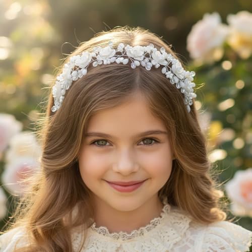 Campsis Flower Girls Hair Accessories, White Wedding Headpiece, Crystal Floral Headpiece