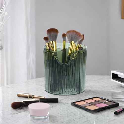 VOCOSTE Makeup Brush Cup, Makeup Organizer, 4 Slot Makeup Brush Holder, Cosmetics Storage Cup, for Vanity for Desktop, for Bathroom Countertops, Clear Green