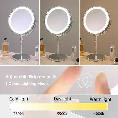 HIEEY Lighted Makeup Mirror with Magnification, 1x/10x Rechargeable 8" Lighted Mirror, 360¡Æ Rotation Touch Screen Vanity Mirror, Three Color Lighting Modes, Height Adjustable (Gift Box)
