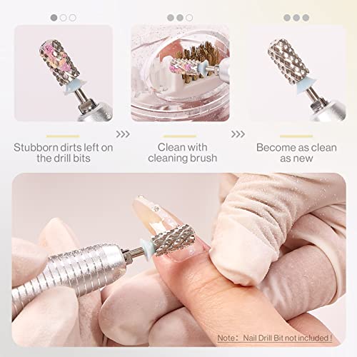 MelodySusie Nail Drill Bits Cleaner Brush Case Accessories with Clear Cover for Cleaning Tungsten Carbide Ceramic Nail Drill Bits Cuticle, Steel Wire & Nylon Double Brush - White