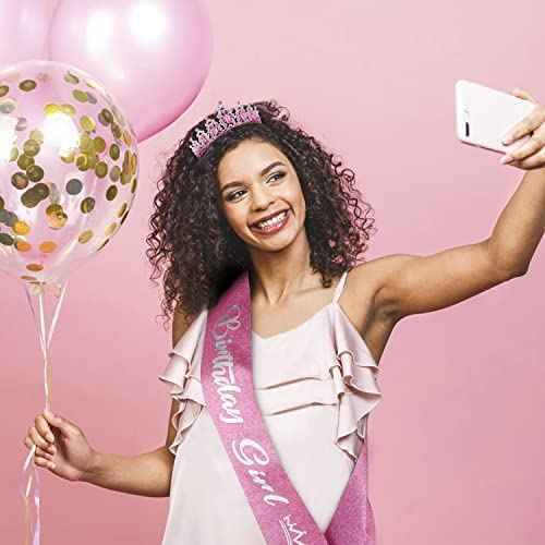 SuPoo Pink Birthday Crown and Sash Kit - Tiara With Rhinestones, Metal Crown With Comb, Glitter Sash, Crystal Headband, Princess Tiaras for Girls - Happy Birthday Decorations