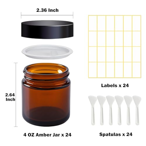 4 oz Amber Glass Jars with Lids,24 Pack 4oz Small Glass Jars with Inner Liners,4 Ounce Travel Jars for Cosmetics Container,Cream Lotion,Body Scrub